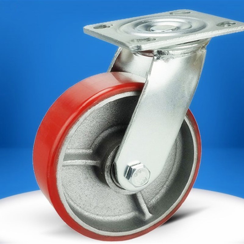 5寸红色重型铁芯PU聚氨酯脚轮4寸6寸8寸万向轮静音轮工业脚轮推车