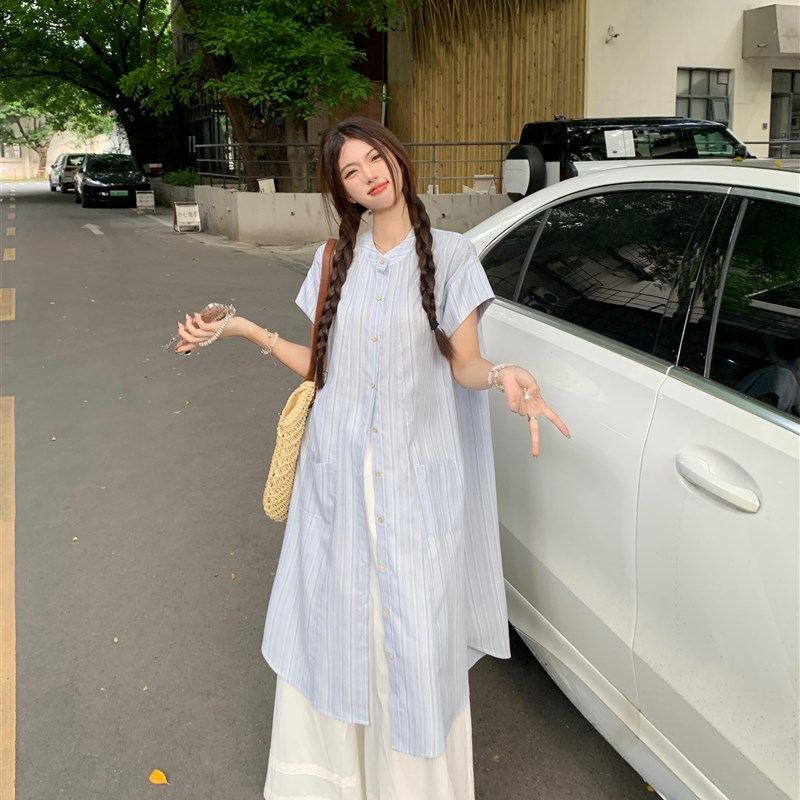 小个子150文艺复古宽松休闲时尚条纹长衬衫+花边拼接阔腿裤裙xs夏