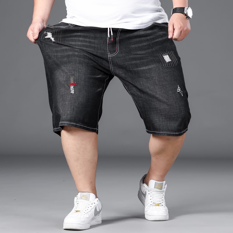 夏季薄款牛仔短裤男五分裤加肥加大码胖子肥佬中裤中年松紧马裤潮