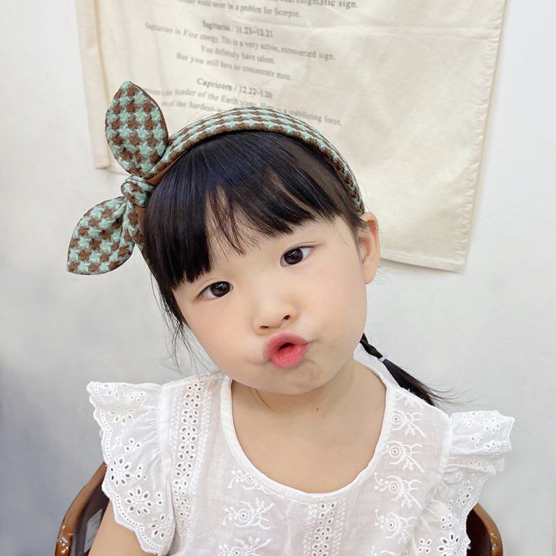 韩国女童蝴蝶结格子布艺宽边发箍儿童不伤发防滑碎发头箍甜美发饰