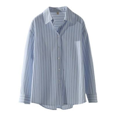 浅蓝色条纹衬衫女高级设计感小众抗皱纯棉长袖宽松春秋防晒衬衣