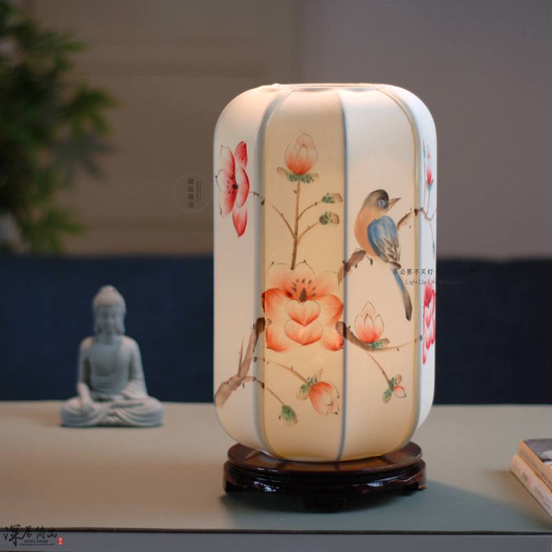 新中式手绘花鸟台灯古风卧室装饰真丝布艺床头氛围灯小夜灯可充电