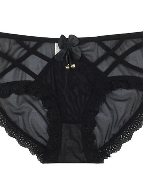 性感纯黑色透明内裤交叉带网纱透气铃铛高弹中腰舒适包臀三角裤女