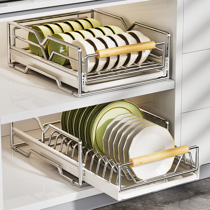 不锈钢碗碟收纳架厨房橱柜内置物架抽屉式拉篮抽拉碗架碗盘沥水架