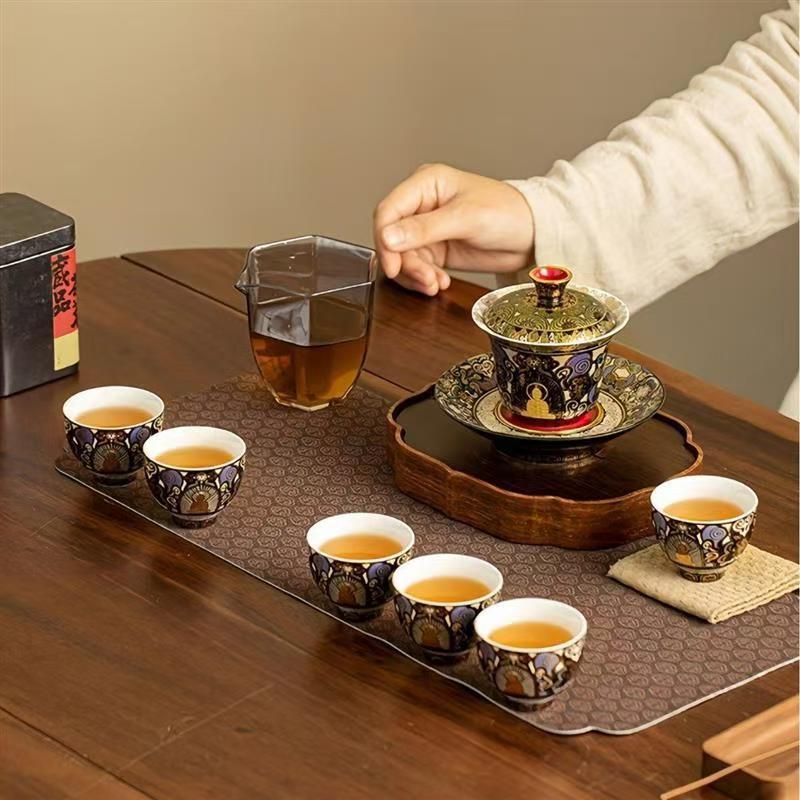【折扣价】陈德生敦煌风茶具套装夫黑唐卡整防烫盖功茶具金碗银错