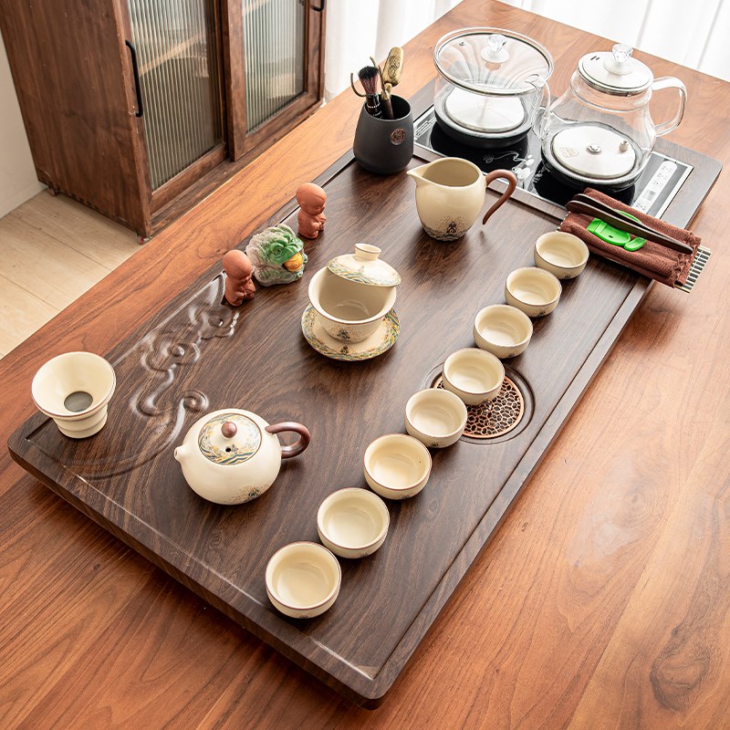 家用轻奢办公室会客功夫一体半自动石磨茶杯茶盘整套茶具套装