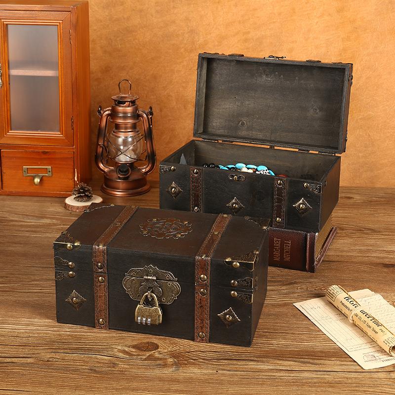 复古木质收纳盒首饰品证件书本储物盒子木质礼品包装盒带锁藏宝箱