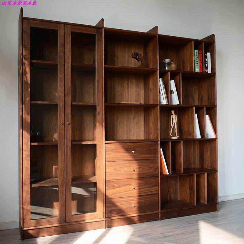 源头工厂北欧日式原木书柜现代简约北美实木黑胡桃木书架时尚书柜