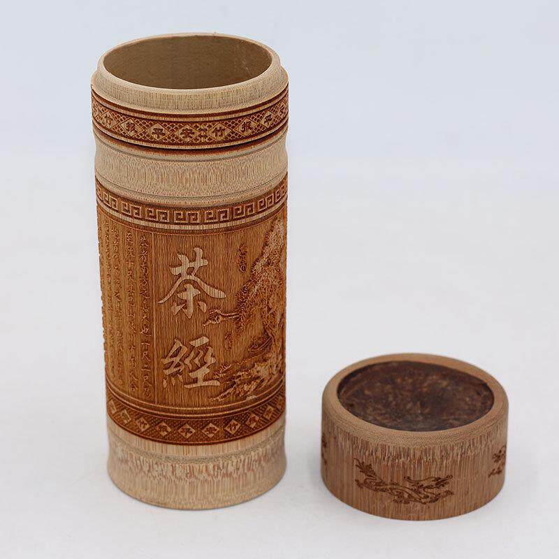 竹制有盖茶叶水杯 竹木工艺品 碳化竹雕刻茶经高杯 旅游礼品包邮