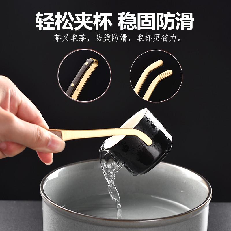喝茶茶夹三件套功夫茶具用品配件茶镊子防滑茶杯茶叶夹套装不锈钢