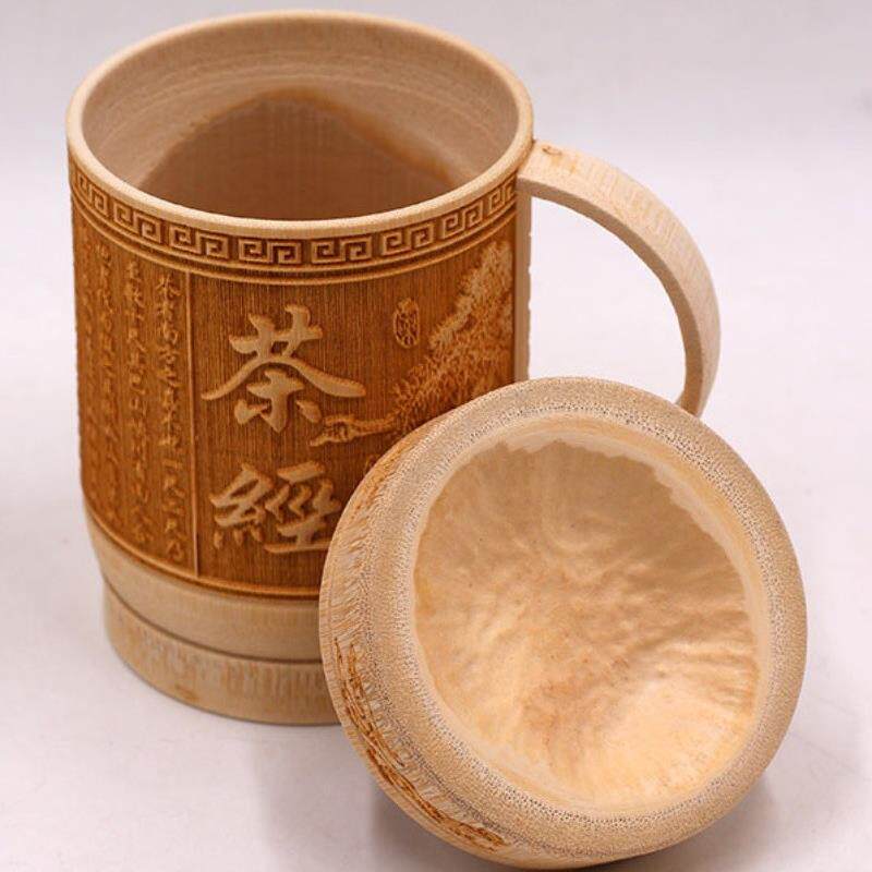 竹制带盖本色竹杯带把喝水茶杯阳雕雕刻带柄杯工艺礼品杯子包邮