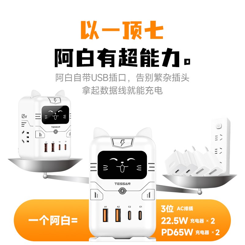 TESSAN霆圣mini闪电猫桌面充电站氮化镓智能插座立式插排女生礼物
