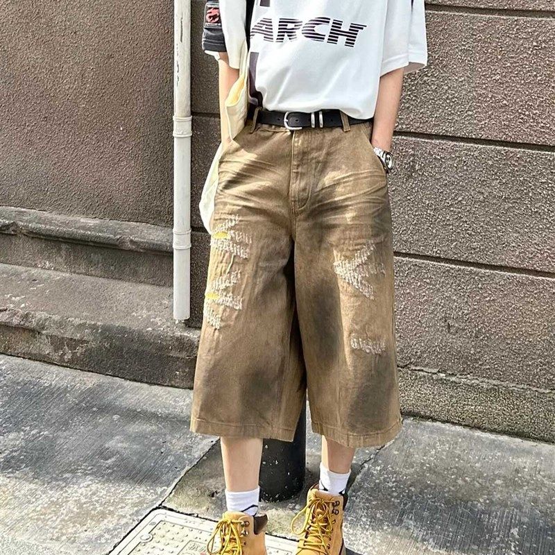 卡其色七分裤男2024夏季新款水洗做旧小众设计感直筒宽松牛仔短裤,男装,牛仔裤,淘宝优惠券,粉丝福利购,淘宝优惠卷