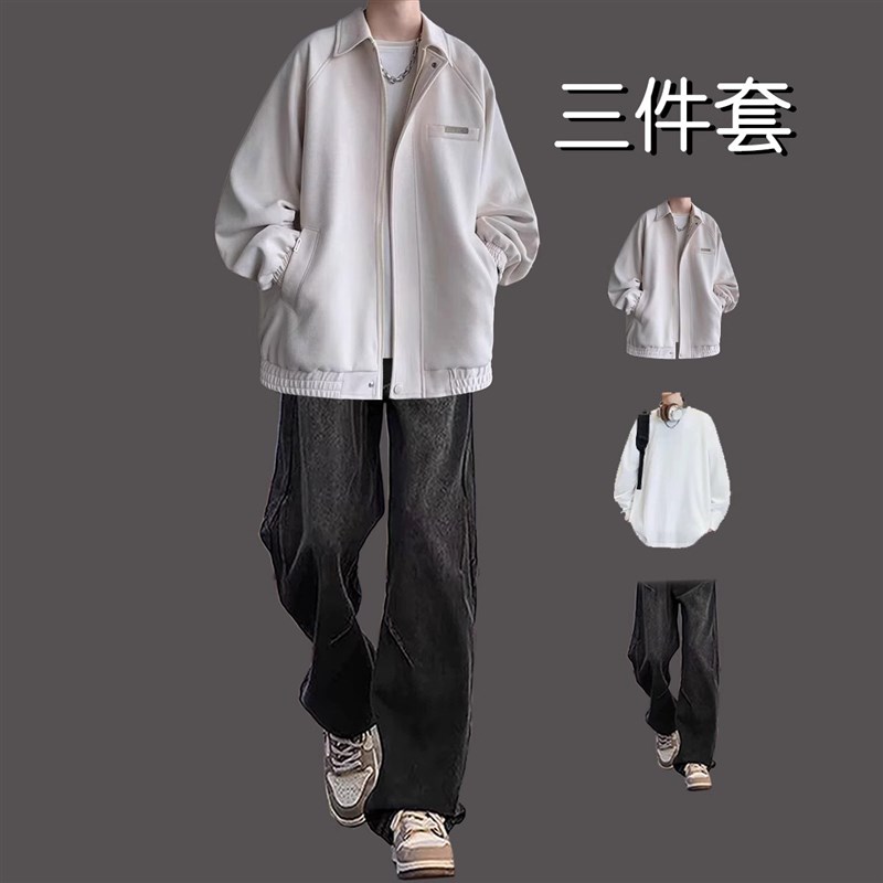 青少年麂皮外套男款春秋季2025新款套装潮牌痞帅夹克男装一套搭配