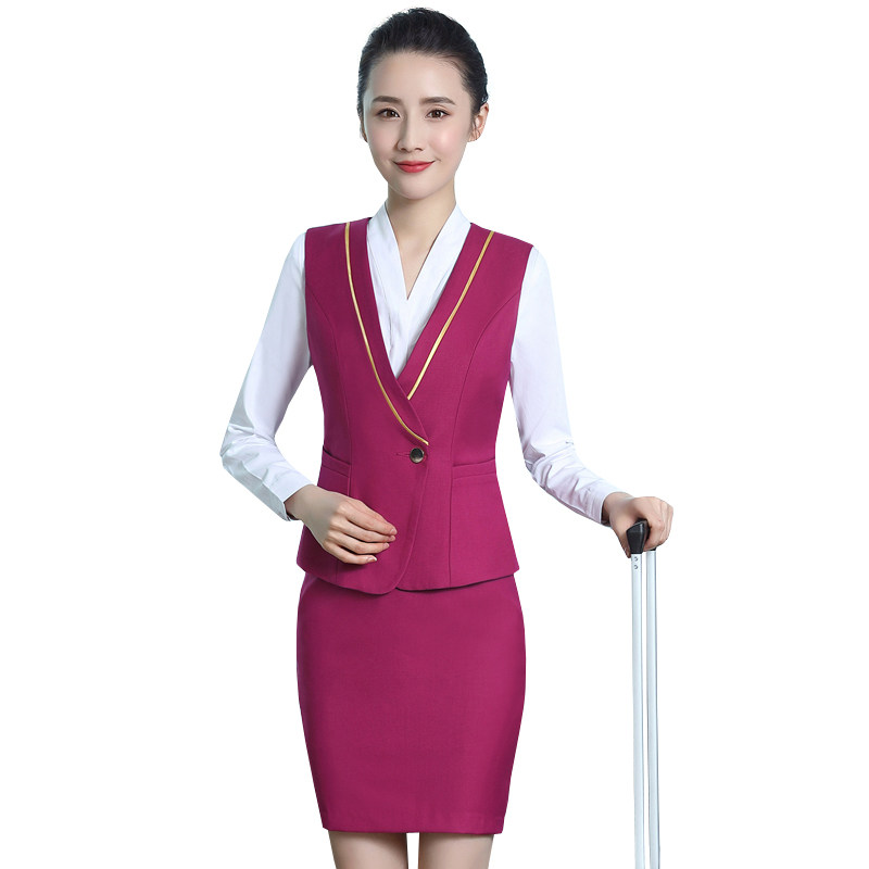 优雅新款空姐制服职业套装时尚马甲三件套酒店前台美容师工作服