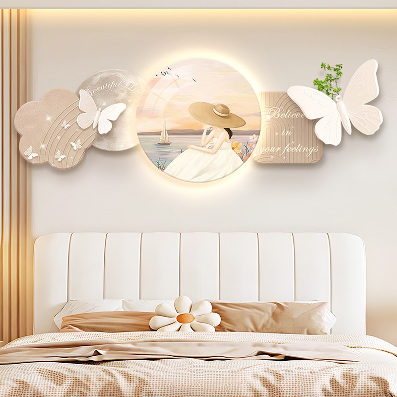 新款奶油风卧室床头挂画房间背景墙led氛围灯发光装饰画天鹅壁画