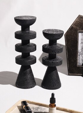 侘寂风黑色洞石烛台摆件客厅玄关餐厅家居样板间摆件