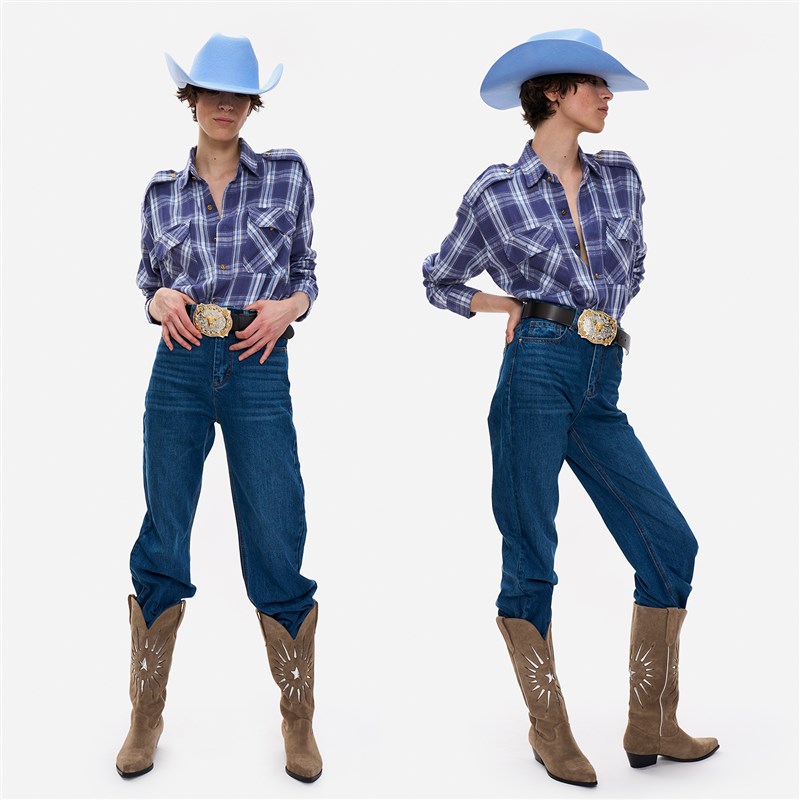 NO INFO狠辣手段财团长女 牛仔风复古美式磨绒蓝色格纹长袖衬衫女