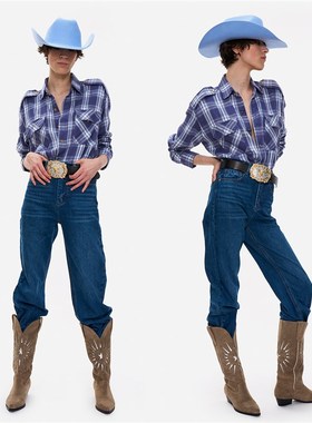 NO INFO狠辣手段财团长女 牛仔风复古美式磨绒蓝色格纹长袖衬衫女