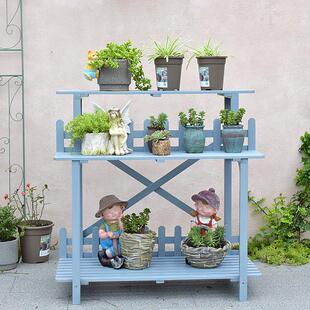 新款阳台实木花架三层阶梯式大花盆架落地式带栅栏多肉绿植架防水