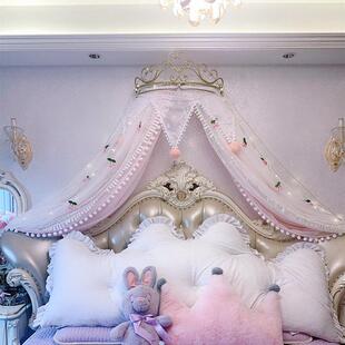 斯堪的纳维亚公主床帘床帘粉红色女孩水心樱桃毛球装饰纱花边绣花