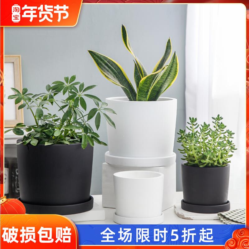 北欧白客色陶绿植陶瓷花盆简约家居厅面落红地桌卧室加UNM厚哑光