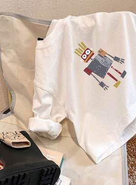 KKX!全棉儿童字母长袖T恤春秋季纯棉韩版宽松白色洋气男童打底衫