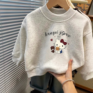 儿童秋冬季卡通KT猫卫衣女童绒加厚保暖圆领上衣中小童套头卫衣潮