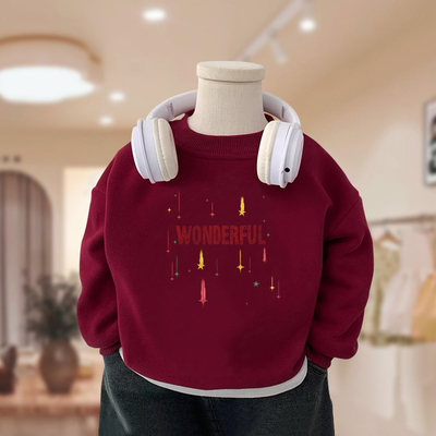 儿童新年款酒红色圆领卫衣