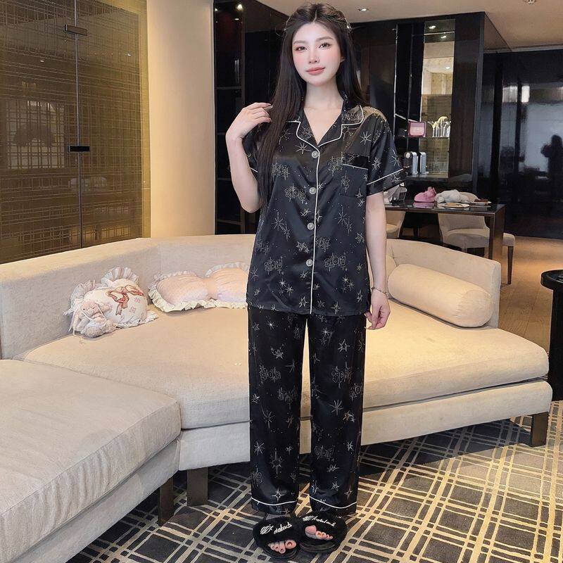 冰丝睡衣女款夏季爆款短袖长裤黑色家居服开衫高级感少女丝绸套装