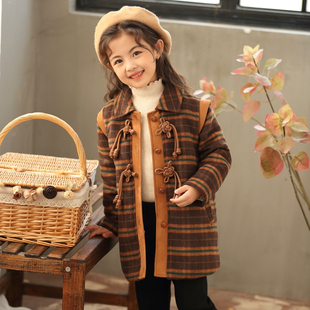 女童毛呢外套可爱复古2023冬季新款中大童中国风羽绒格子毛呢大衣