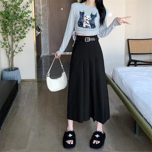 高级感灰色a字半身裙女中长款大码胖mm高腰显瘦西装百褶气质长裙