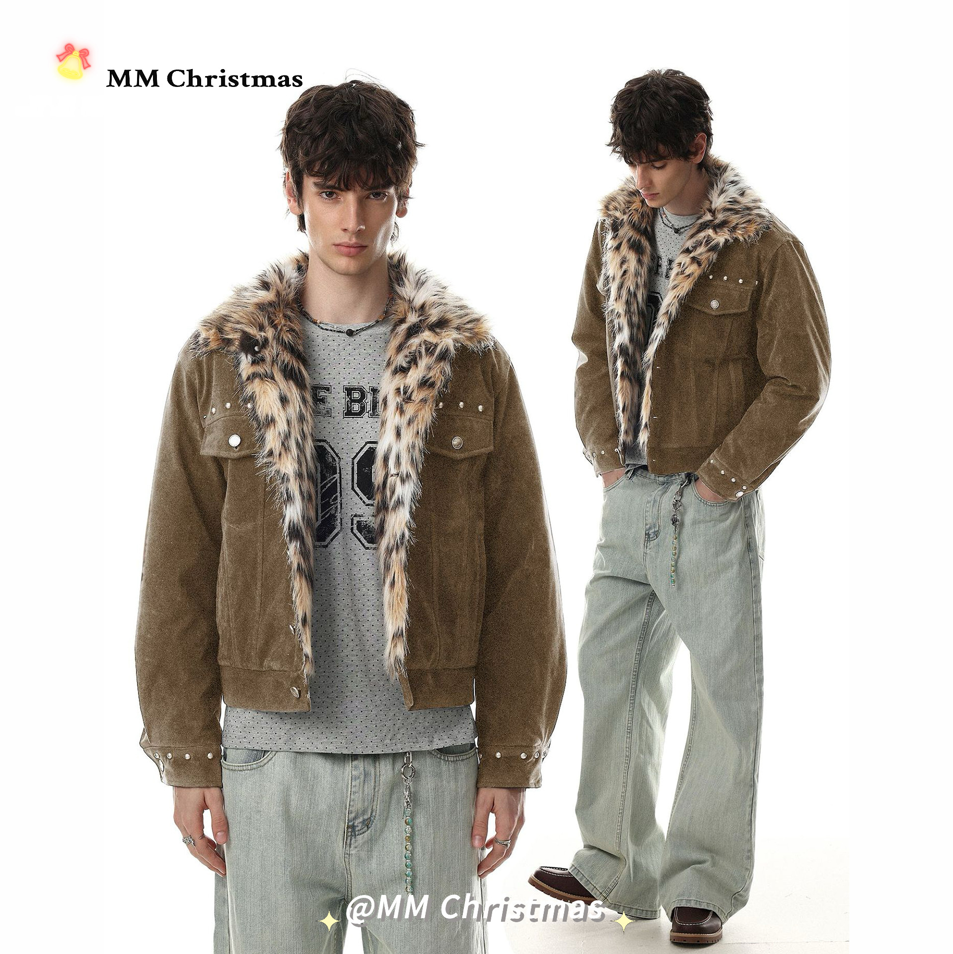 MMChristmas美式豹纹毛领座山雕鹿绒皮铆钉棉服男女冬季宽松外套