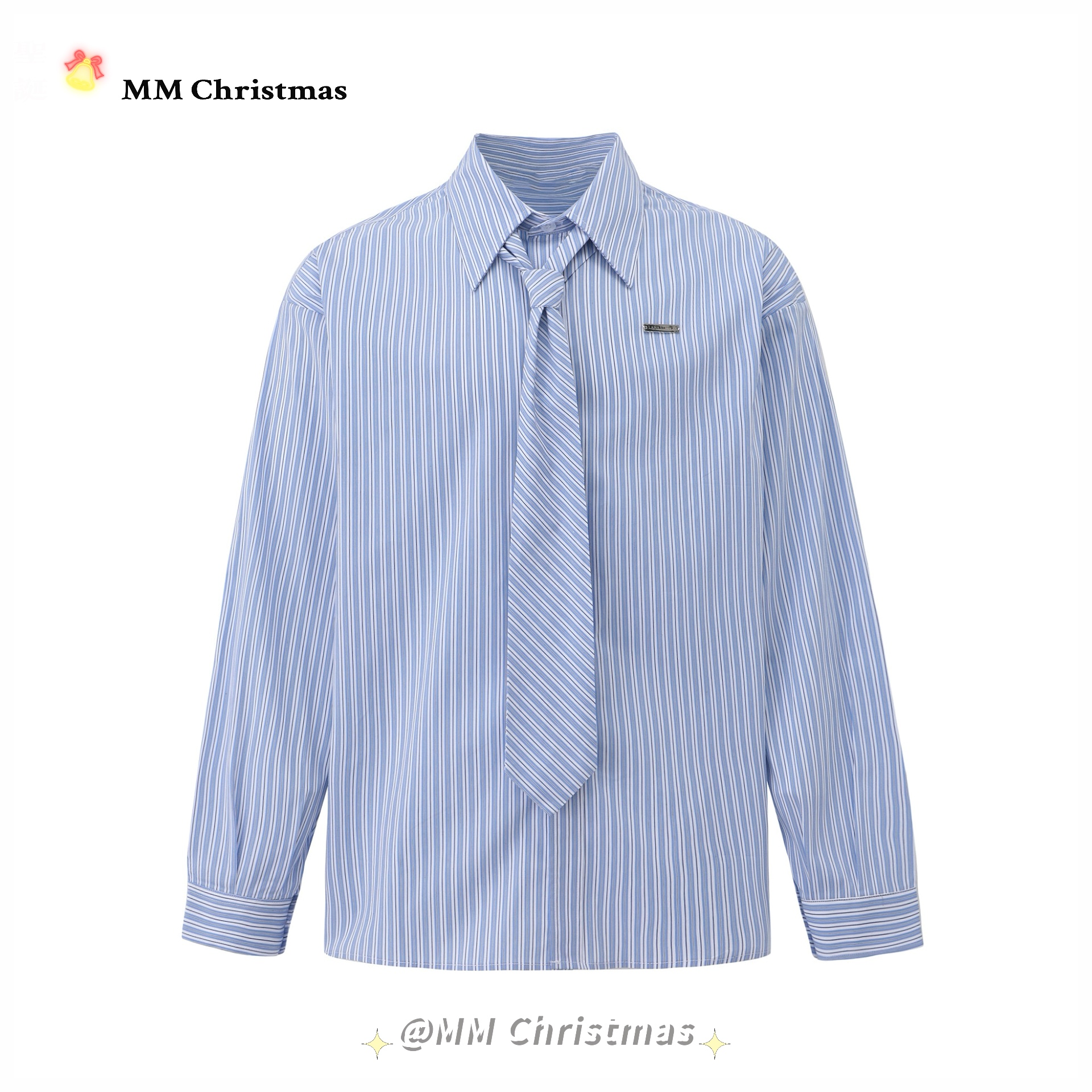 MMChristmas美式学院风条纹长袖衬衫男款宽松休闲百搭通勤衬衣潮