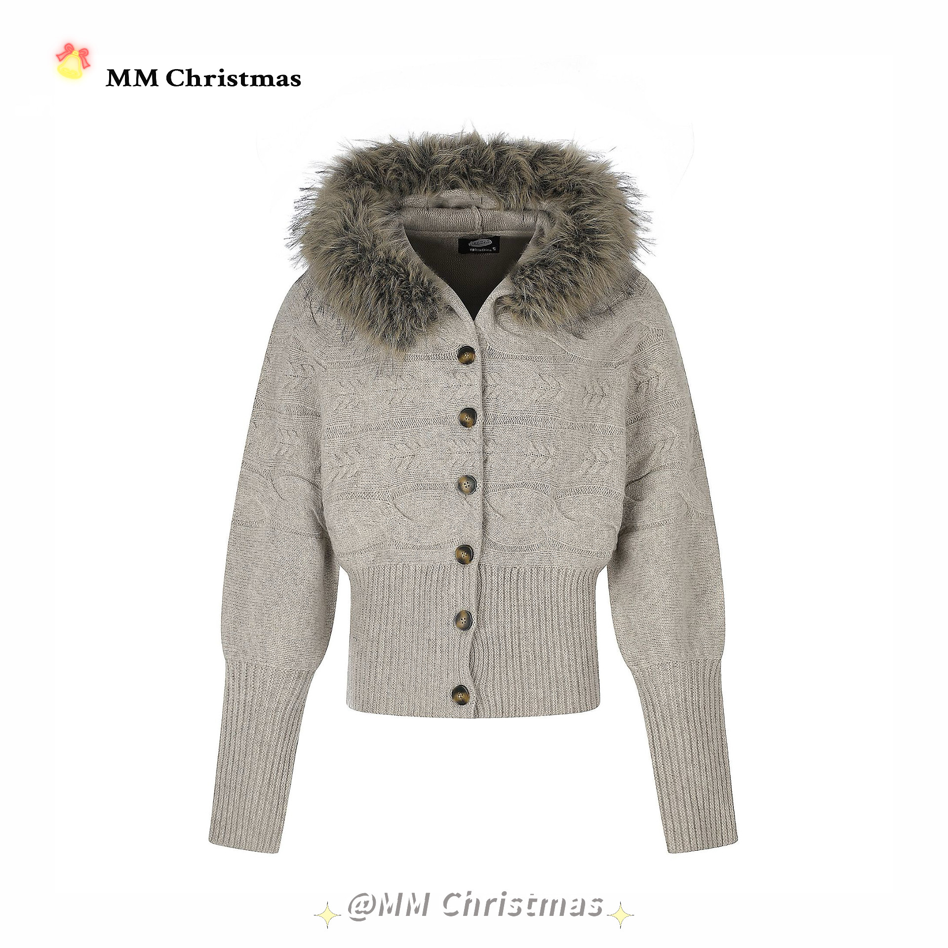 MMChristmas美式纯色高级感大毛领针织开衫外套女秋冬修身上衣潮