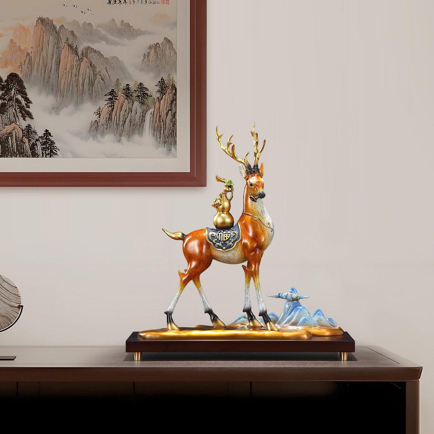 福禄双全黄铜家居梅花鹿摆件路上有财工艺品客厅玄关装饰乔迁礼品