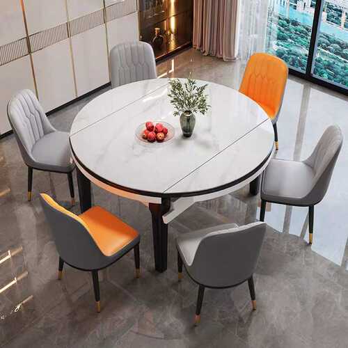 小户型美式岩板可伸缩折叠两用餐厅圆桌家用吃饭岩板桌子组合餐椅