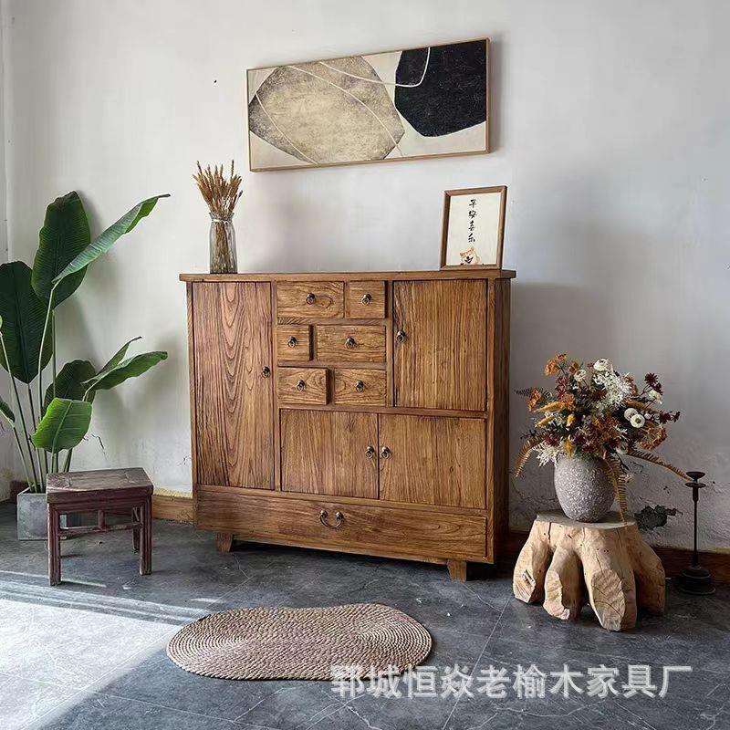 老榆木储物柜家用靠前格子收纳柜新中式玄关抽屉柜多格收纳柜