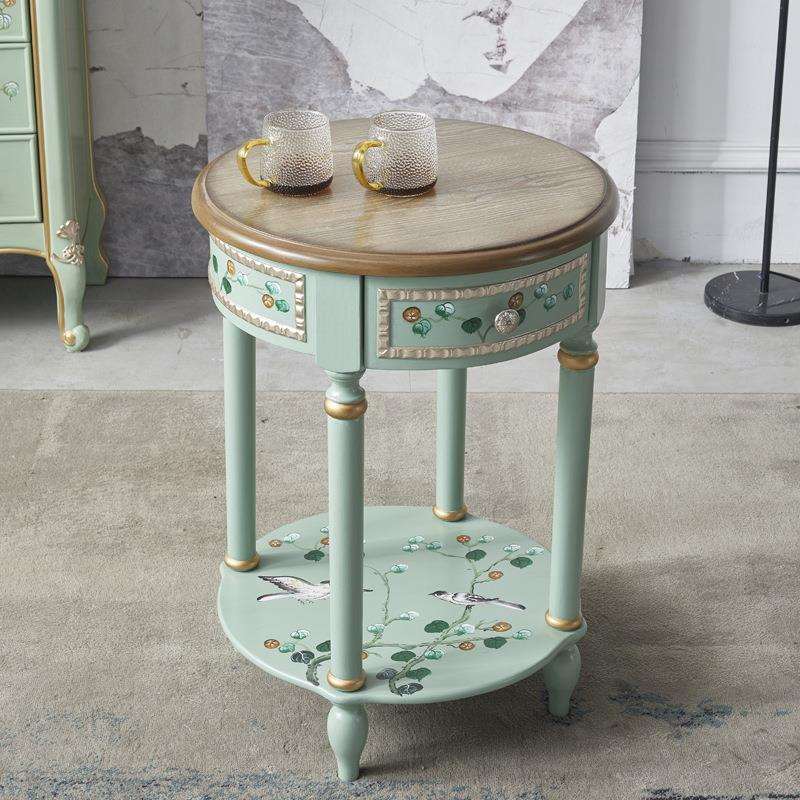 至高美式彩绘边几客厅家用沙发小茶几复古小圆桌绿色边几洽谈桌子