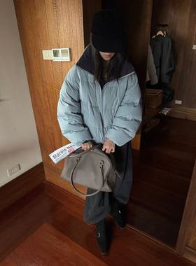 About moon~冬上新韩系撞色简约百搭宽松显瘦立领羽绒服