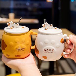 咖啡杯家用茶杯女生一对杯子 猫咪马克杯带盖陶瓷杯大肚水杯情侣款