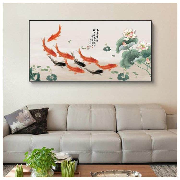 新中式沙发背景墙装饰画客厅墙面沙发后面的挂画餐厅挂画 九鱼图