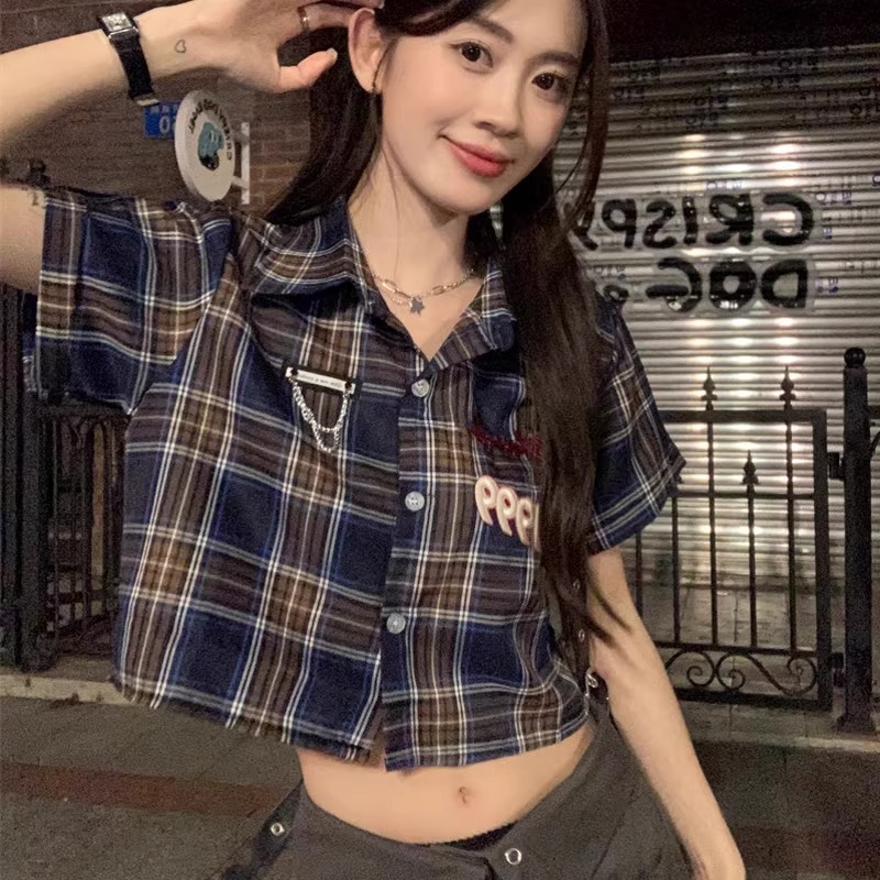 美式学院风格子短袖衬衫女夏季2024甜辣风JK纯欲短款修身衬衣女潮
