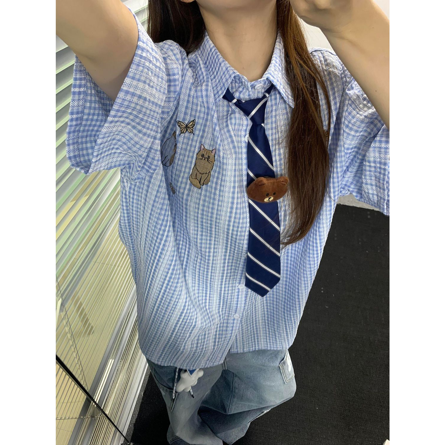 日系猫咪格子polo领带短袖T恤男女夏季情侣款宽松学院风体恤衬衫