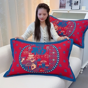 大红色纯棉纱布枕套加厚枕头套过年春节送父母长辈新年礼物枕芯套