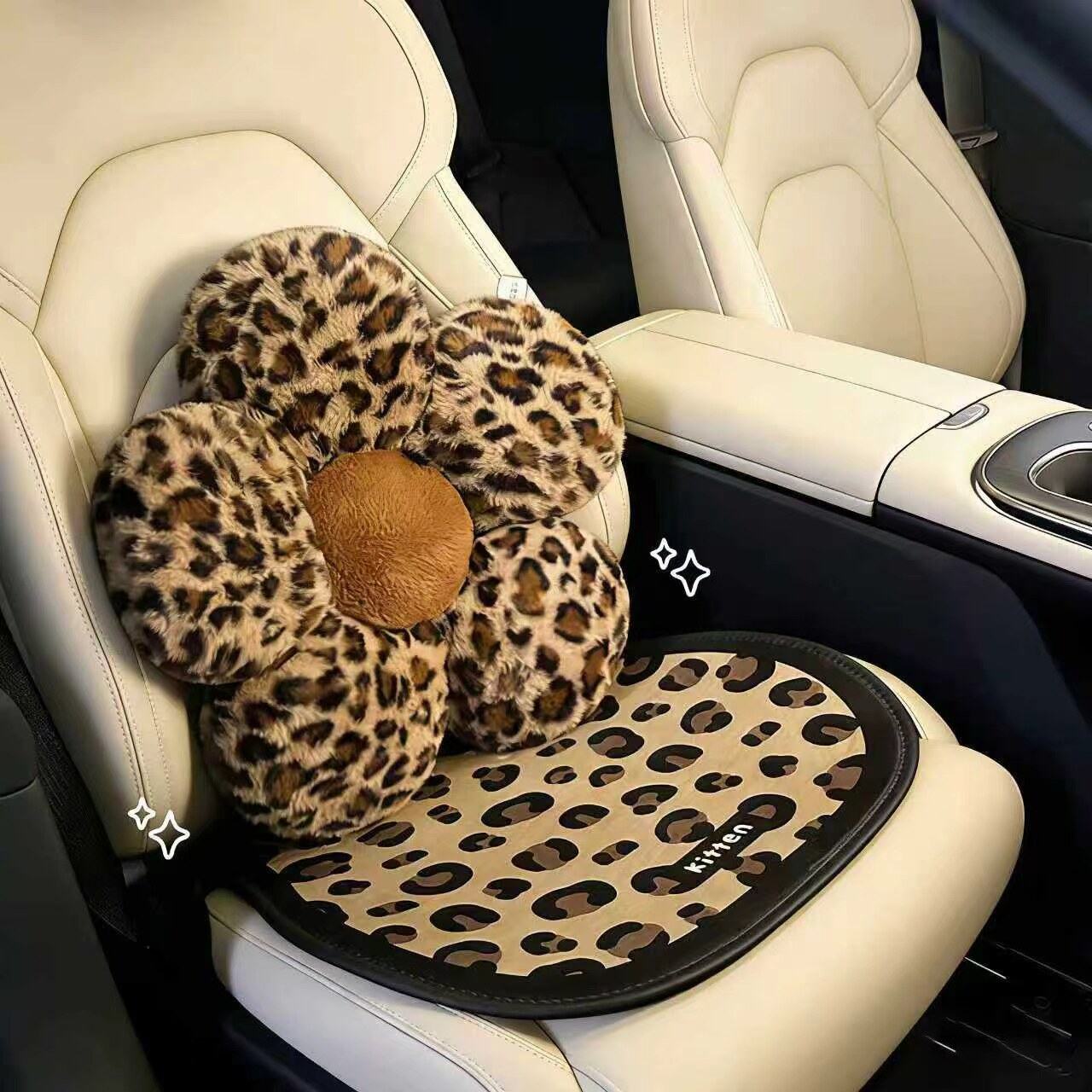 汽车腰靠秋冬毛绒腰托车载靠垫豹纹头枕汽车座垫防滑垫驾驶座垫子