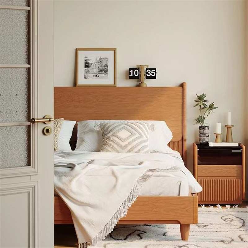 北欧樱桃木实木床新中式简约1.8米主卧米1.5双人床复古小户型家具
