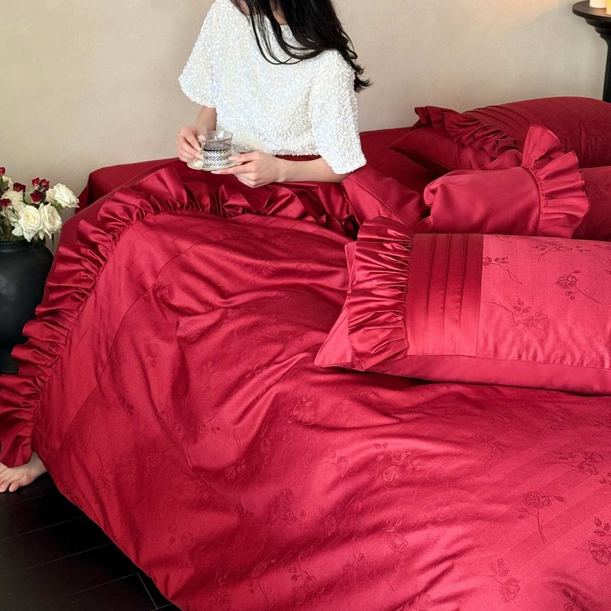 婚庆四件套床单大红色花边结婚纯色公主风床上结婚喜被陪嫁纯棉全