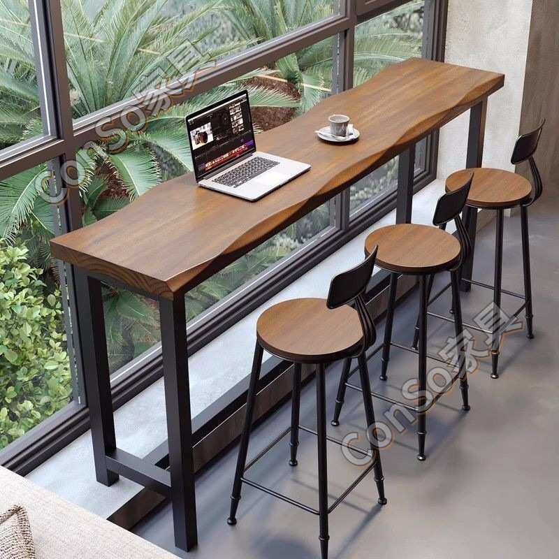 CSP2简约风靠墙长条桌酒吧实木吧台休闲阳台商用高脚窄桌桌椅