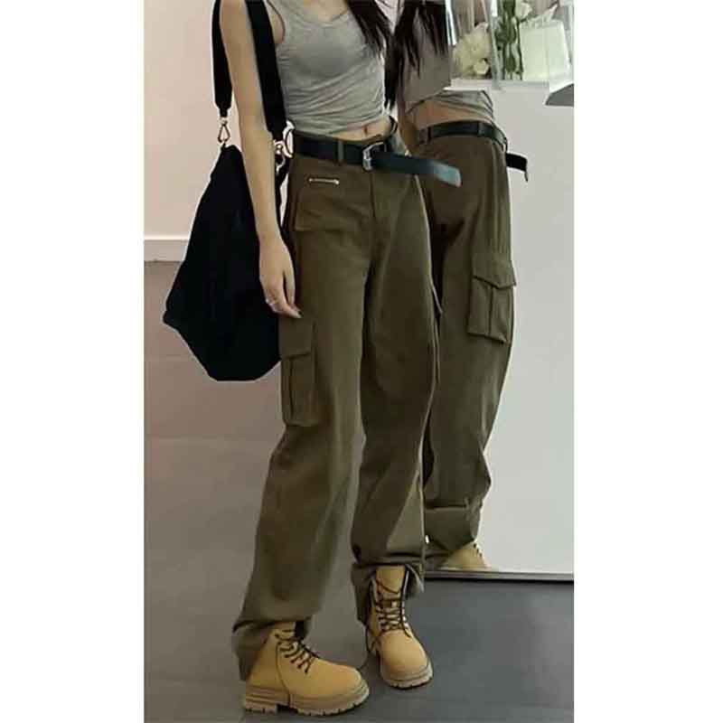 军绿色工装裤女2025春季新款高腰宽松显瘦美式休闲直筒阔腿牛仔裤